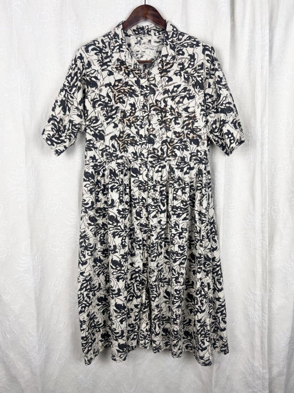 Marketplace India embroidered leaves block print midi shirtdress cotton dress 1W